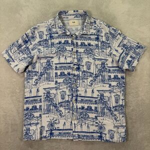 Folk Mens XL Blue White Print Short Sleeve Button Up Shirt 14055 Knit Beach EUC